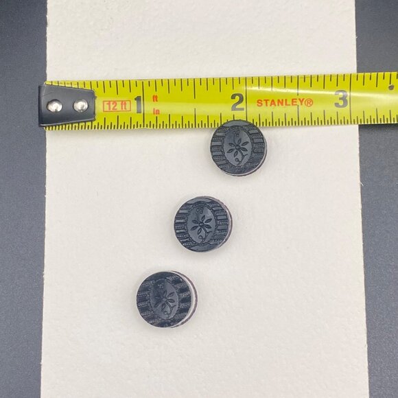 Antique Black Glass Buttons Set Of 3 Victorian Jet Floral Design Self Shank - Picture 8 of 8